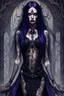 Placeholder: a crepy stunning mystic woman with dark purple-black long hair and black tattoos on her body, a cold, indifferent expression, silver and black onyx jewelry, black lace dress, cybernetics, crepy stunning anthropomorphic female, Minjae Lee vibe, cbybernetic and etheral human, ancient deity, by Vincent Lefevre and Yoshitaka Amano, stunning 3d