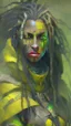 Placeholder: A woman has tanned skin, yellow eyes and black dreads. Her face show her superiority in the eyes of others. She is dressed in an armor with a few pieces of yellow and green cloak sticking out.