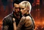 Placeholder: Jason David Frank short dark hair with tribal tattoos hugging pretty blonde shorthaired girl crying, photo realistic, modern dark fantasy, cityscape