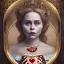 Placeholder: "Queen of Hearts"fat old woman book character of "Alice in the wonderland"Lewis Carroll,Helena Bonham Carter style.Detailed face,more details of Queen of Hearts, detailed eyes, Realistic lighting,elegant dress disney style,nasty smile.James Bobin move style. baroque, intricate patterns, fractalism.style by Disney,Chie Yoshii,earnst haeckel,james jean.