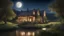 Placeholder: beautiful house, perfect architecture, style William Morris, rural environment, night, moon, stars, volumetric lighting, trees, river, distant mountains, award-winning photograph, photorealism, superb details, light and shade, beautiful composition, arts-and-crafts, attractive, peaceful, exquisite