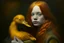 Placeholder: Beautiful golden red hair girl holding duck portrait in ochre, moody, somber, desaturated colors