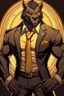 Placeholder: Buff, anthro, wolf, himbo, black fur, gold eyes, wearing a suit, full-body, muscles, strong, muscular, man boobs, bulky, tail, dark fur, smug grin, hands on hips, furry-himbo, broad shoulders, wide hips, big chest, big muscles,