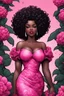 Placeholder: Create an comic book art style image of a curvy black female wearing a pink off the shoulder blouse and she is looking down with Prominent makeup. Highly detailed tightly curly black afro. Background of large pink and black flowers surrounding her