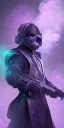 Placeholder: purple galaxy masked super villain, weapons in hands, teal and purple smoke, full portrait, hyper realistic, 4k