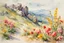 Placeholder: Sunny day, mountains, rocky land, spring, flowers, albert durer watercolor paintings