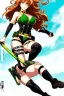 Placeholder: In the style of Shirow, hyper detailed, strikingly beautiful teen female, 16 years old, long ponytail, ginger hair, green eyes, medium freckles, full lips, full body, full face, b-cup breasts, athletic, centred camera, ignore NSFW, bikini, athletic, sitting, legs spread