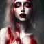 Placeholder: singer Danish MØ, background liquid, blood, hair guts, darkred tones,