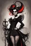 Placeholder: create a seductive, female goth vampire with highly detailed and refined facial features and hair, clothed in an ornate Gothic dress and fishnet stockings, in the caricature cartoon style of Gerald Scarfe and Ralph Steadman, precisely drawn, boldly inked, vividly colored, 4k