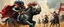 Placeholder: knights and lances tournament, horses hit hard, oil and airbrush, epic fantasy illustration, black giant on bulldog rhino with steel gauntlets, scared knights hair standing up like a clown