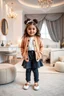 Placeholder: a 5 years old girl in modern clothing and makeup standing pose with cute and joy with pertty shoes in a very large luxury baby bedroom