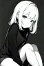 Placeholder: little blonde girl crouched down., grayscale