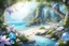 Placeholder: enchanted forest in spring with bright little flowers and little gems and crystals with a crystalline sea and beach