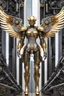 Placeholder: Angel cyborg straddle wings, detailed, intricate, mechanical, gears cogs cables wires circuits, gold silver chrome copper