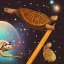 Placeholder: Digital art of a Big Wise turtle with sunglasses holding a wooden rod, background galaxy