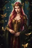 Placeholder: Burgundy hair, dark hair,dark red , rapunzel hair,very long hair,dark fairy princess,elven crown,night,dragonflies,beautiful,ong ashes,golden armor ,sparkle,night blooming,ivy,dark green,lilly of valley,golden elven crown,elven warrior,dark gold armor