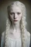 Placeholder: Emotive photographic image - stunningly beautiful, 15 year old albino girl chechen facial features anorexic. sickly, pale skin. blotches on skin. wild, very long, floor length, wavy wispy ghostly white hair in messy braids. ghostly white eyebrows and ghostly white eyelashes. lovely face, sculpted cheeks. beautiful, succulent, pale lips. barefooted. cinematic dynamic masterpiece, hyper realistic film still, beautifully detailed, soft lighting, ethereal, sparkle, beautifully lit, dramatic lighting