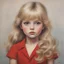 Placeholder: 1970s, blond Little girl si in red, long hair , dancibg at studio 54, , in the style of Margaret Keane