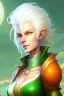 Placeholder: fantasy setting, woman with orange and white hair, white hair, green eyes, tall and frail, kind, soft facial traits