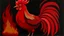 Placeholder: A dark red fire elemental rooster painted by John Brack