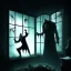 Placeholder: Creepy Dark black figure scratching a window,horror , dark fantasy