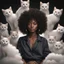 Placeholder: Portrait of black woman with curly hair sitting in room full of clouds and fluffy kittens