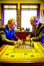 Placeholder: Vladimir Poutine playing chess with Zelinynski. A map of ukraine is burning on