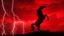 Placeholder: full silhouette of a horse rearing up(on right facing left, outlined by lightning), red cloudy sky, lightning bolts(from top to bottom left), digital painting