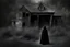 Placeholder: fantasy, black and white, surrealist, high contrast, ambient mystery, a woman with cape and hood is outdoor, a woman old wood house and look through window inside house, close up window, inside house there is a light on, woman with her back to the camera