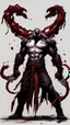 Placeholder: A close picture of Venom symbiote with kratos red tattoos and Clothes, holding blade of choice