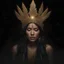 Placeholder: a portrait of a native american woman wearing a glittery, golden halo headpiece crown, and a black and gold, flowy, long-sleeved dress. She is crying golden, glittery tears, background is in outer space, filled with stars, forward facing, close shot, photorealistic art