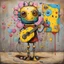 Placeholder: Pop street surrealism, graffiti spray paint, by Os Gemeos and Salvador Dali, surreal guitarist robot