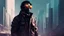 Placeholder: cinematic , man , with techwear , and half Futuristic face mask and sun glasses ,in a city, digital art style