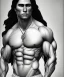 Placeholder: native american warrior, long black hair, big muscles, big half circular from shoulder to chest fabric piece