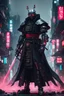 Placeholder: samurai robot in black cloak in a cyberpunk environment and big blood sword