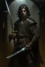 Placeholder: 1970's dark fantasy cover dnd style oil painting of a sword hero with black outfit with minimalist far perspective.