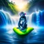 Placeholder: portrait of psychedelic monkey on surfboard in waterfall photo shoot, 8k, down-light, soft light, depth of field, photo realism, trending on art station, high detail, smoke and fog