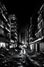 Placeholder: In the dark night of São Paulo, a decadent and desolate metropolis. Ruined buildings, dirty and deserted streets. Threatening figures in the shadows, fear in the air. As an artist, your challenge is to portray all this sadness and decadence in a black and white work of art.