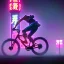 Placeholder: photo of a ninja riding a bike; in an alternate universe in tokyo; cyberpunk; realistic; rain; neon signs