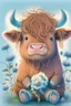 Placeholder: dorable cute happy baby scottish highland cow with dreamy eyes, sitting down and holding a flower, nursery art, very rendered polished Perfect, smooth edges, flawless Facial Features, Stunning, Whimsical Fantasy, Cute, Highly Detailed, Well Rendered, cartoon, illustration