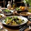 Placeholder: A dining table containing food and pasta with black olives on it, as well as a plate of green olives and a salad with olives on it.