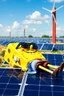 Placeholder: Spongebob lying on a solar panel, sunbathing, sunglasses on, towel on his legs, solar farm in the background