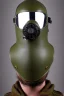 Placeholder: Steam-punk style gas-mask. Large fencing mask covers chin and cheeks. Hood. Reflective surface on face, full coverage, reflective. Black ball eyes. Head full of integrated old-fashioned cameras and phone. Army green surfaces body, latex. Perfect body, thick thighs and calves. Asa Akira's body. Wide hip, skirt bleats nicely. Partly symmetrical. Straitjacket. Rusty and decayed background. Steam-plunge air-bottles. Euclidean 3D-tiling walls. 5th dimensional surface structures. Oppressive atmosphe