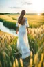 Placeholder: wide angle shot of golden wheat field next to river ,a watermill on river, a beautiful girl in pretty long dress walking in