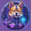 Placeholder: Draw a circular logo of a Shiba Inu cartoon dog with cybernetic modifications, purple fur, a blue LED on its forehead and electronic circuits around it. He has the muscular human body of Arnold Schwarzenegger with a winning attitude.