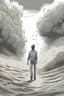 Placeholder: thrilled man vanishing into dust in a grey world drawn