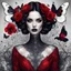 Placeholder: create A mesmerizing digital portrait by TMann, NYC, showcases a mysterious, alluring woman exuding elegance and intrigue. The enchanting subject dons a striking full-body red dress, intricately adorned with black poppies, butterflies, and zentangle patterns. Her pure black charcoal skin, dark hair, and enigmatic eyes create a rebel persona, portrait of a vampire woman with fiery red, yellow, and black hair. The hair resembles a flame, with intricate details and wisps of smoke. She is dressed in