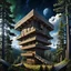 Placeholder: on top of a mountain stands a squat simple building made of thick wooden beams, from the middle of which a large telescope looks towards the sky, above it a wooden roof, the building is surrounded by tall pine trees, strange gigantic dark green trees, as tall as the building so they hide it from prying eyes, dark blue sky, realistic, detailed, cinematic, dark fantasy