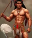 Placeholder: Guaicaipuro, native american god warrior, long black hair, big muscles, red feathers headdress, shirtless, holding a stone tip spear