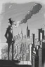 Placeholder: hand-drawn smoking man on a rooftop overlooking a detailed city with streets, building and skyscrapers in the style of stick-figure
